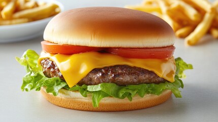 A classic cheeseburger with a juicy beef patty, melted cheese, lettuce, tomatoes, and crispy fries on the side.