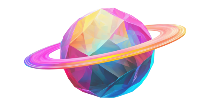 Ringed planet with neon-glowing geometric belts, low poly on a white background