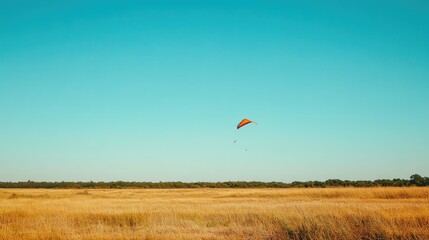Paraglider Soaring Over Golden Field Under Blue Sky