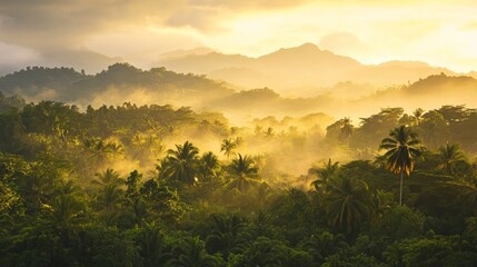 Naklejka premium Lush Tropical Forest Bathed in Golden Light at Dusk