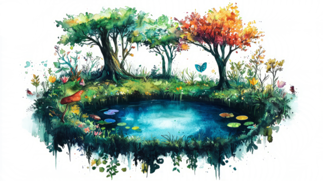 Magical floating forest with a small lake in the center, on white background