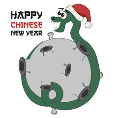 Perfect Happy Chinese New Year greeting poster cover template design. Green Snake in santa hat on the moon. Vector Chinese New Year card postcard with typography. EPS 10