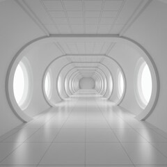 Futuristic white corridor, sci-fi spaceship interior, curved walls, oval archways, repeating pattern, minimalist design, clean lines, bright illumination, reflective floor, vanishing point perspective