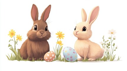 Obraz premium Cartoon easter bunny. Rabbit hiding, bunnies with eggs and flowers. Cute springtime characters, hare painted and chicken. Seasonal holidays decent vector animals