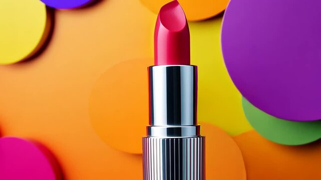 Red lipstick is placed on a colorful background. The background is made up of circles of different sizes and colors. The lipstick is the main focus of the image