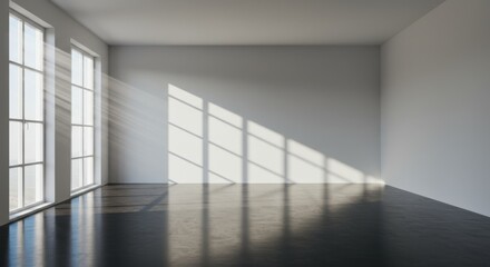 Fototapeta premium Minimalist interior, empty room, large windows, stark white walls, dark floor, dramatic shadows, sunlight streaming in, geometric shapes, clean lines, modern architecture, high contrast, zen-like spac