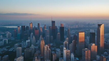 Obraz premium Aerial View of a Vibrant Modern City Skyline with Skyscrapers and Stunning Sunrise