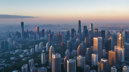 Fototapeta premium Aerial View of a Vibrant Modern City Skyline with Skyscrapers and Stunning Sunrise