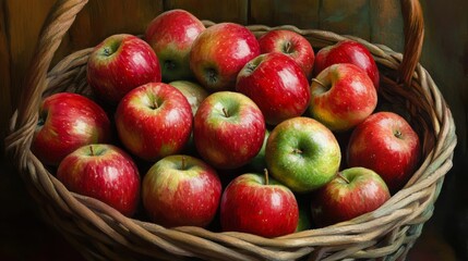 Red and green apples fill woven basket.