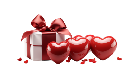 Romantic Red Hearts with Gift Box, Valentine's Day, studio view, isolated on transparent background.