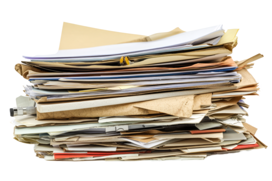 A pile of business documents with slightly uneven edges and some papers sticking out.