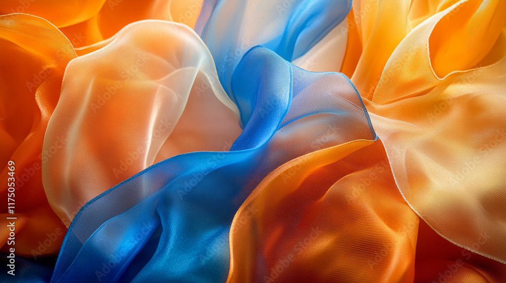 Poster Flowing orange and blue fabric with smooth textures and vibrant color patterns