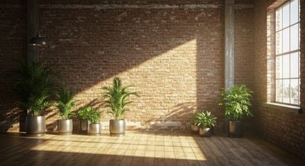 Interior space, brick wall, large window, sunlight streaming in, potted plants, indoor greenery, shadows, minimalist decor, natural lighting, zen atmosphere, empty room, peaceful ambiance, industrial 