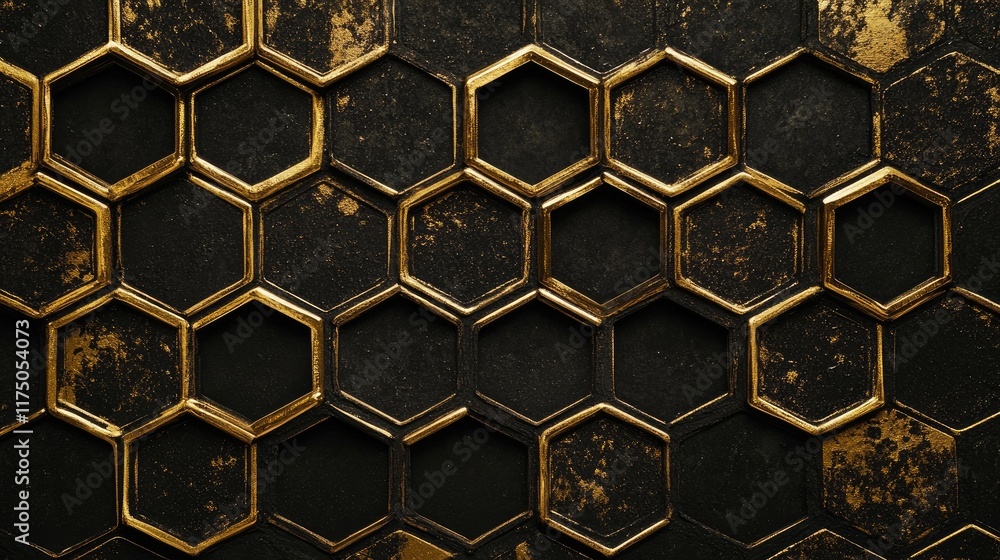 Poster dark abstract background with golden hexagonal honeycomb patterns showcasing texture and depth in a 