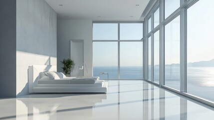 Fototapeta premium Sleek Luxurious Bedroom with Panoramic Oceanview Windows