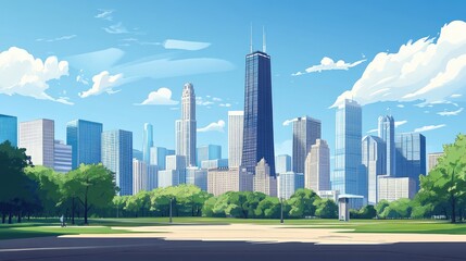 City Skyline Viewed From A Lush Green Park