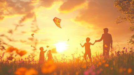 Kite Flying. People flying kites decorated with patriotic colors and symbols
