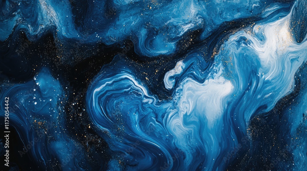 Poster vibrant blue abstract fluid art background with swirling patterns and sparkling effects