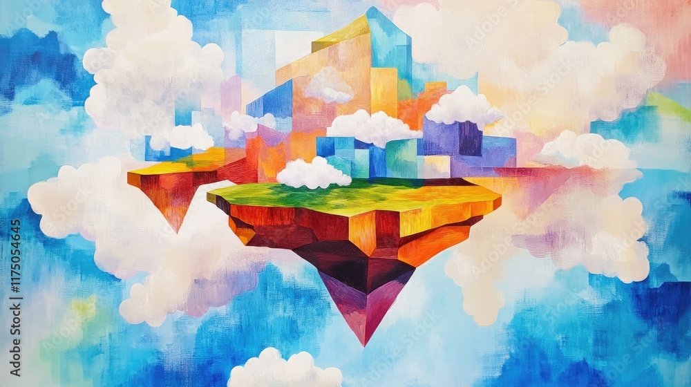 Poster abstract cubism art featuring a colorful floating island surrounded by clouds in a dreamlike sky set