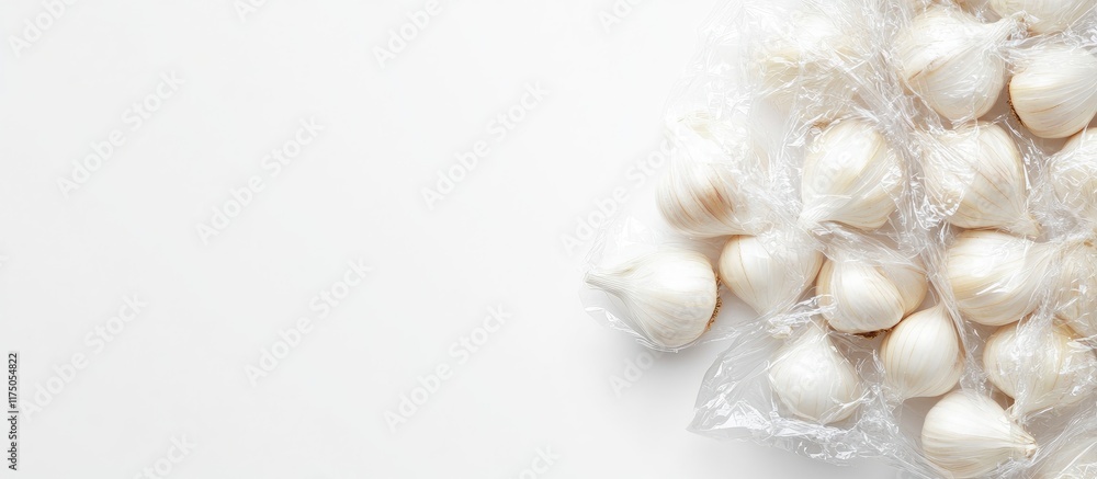 Poster aerial view of packaged garlic cloves on a clean white background with space for text and design ele