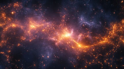 Vivid abstract cosmic backdrop featuring luminous particles and ethereal nebulae in deep space depiction.