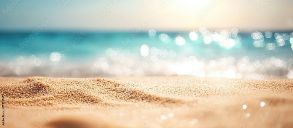 Poster summer beach scene with soft focus on sand and sea bokeh light background ideal for text overlay and