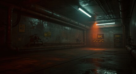 Fototapeta premium dark underground tunnel, flooded basement, cyan fluorescent lights, rusty pipes, industrial setting, post-apocalyptic atmosphere, murky water reflections, abandoned facility, grungy walls, eerie ambia