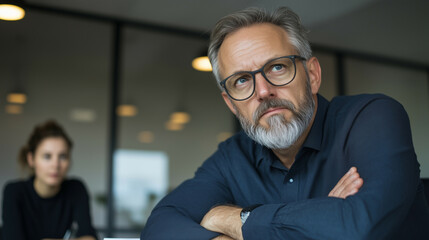 Fototapeta premium Male manager leaning over a desk, arms crossed, glaring at a nervous employee standing nearby in a modern office space.