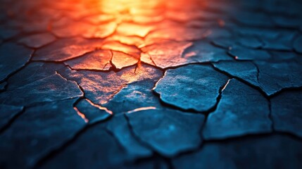 Obraz premium Textured cracked ice surface illuminated by warm light showcasing an elevated perspective and abstract patterns for artistic backgrounds