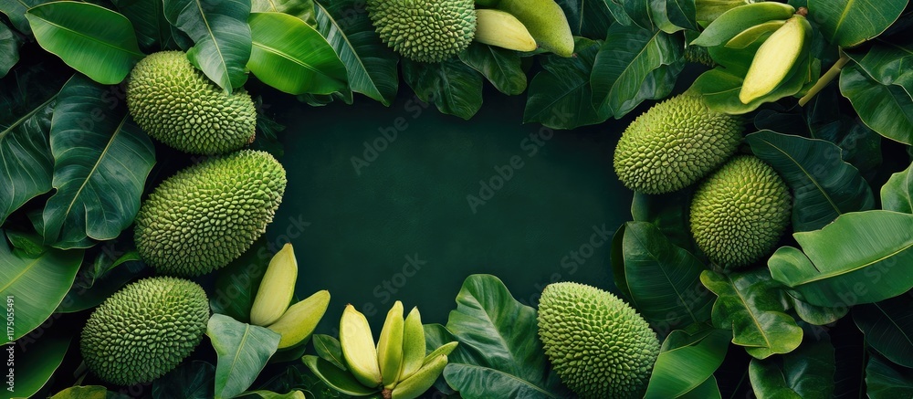Poster aerial view of jackfruit tree with green fruit surrounded by lush leaves and ample space for text pl