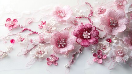 3D Floral Embroidery with Beading in Pink Lace on White Background Showcasing Elegance and Extravagance in Textile Design
