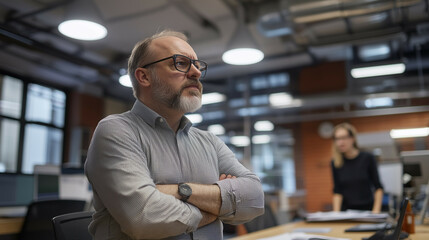 Fototapeta premium Male manager leaning over a desk, arms crossed, glaring at a nervous employee standing nearby in a modern office space.