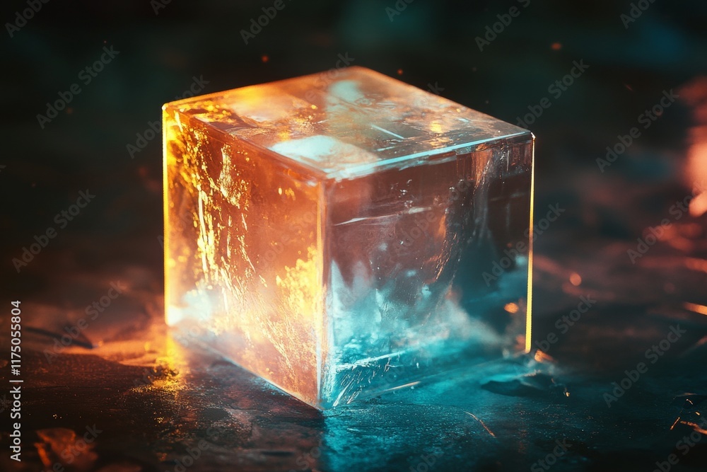 Poster futuristic transparent cube over digital background enhanced with glowing elements