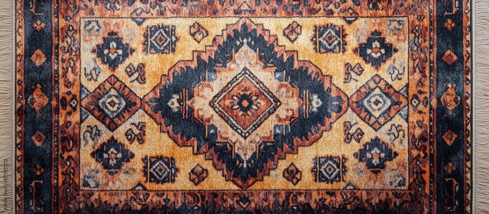 Poster abstract turkish wool carpet design with decorative patterns and space for text in a bath setting