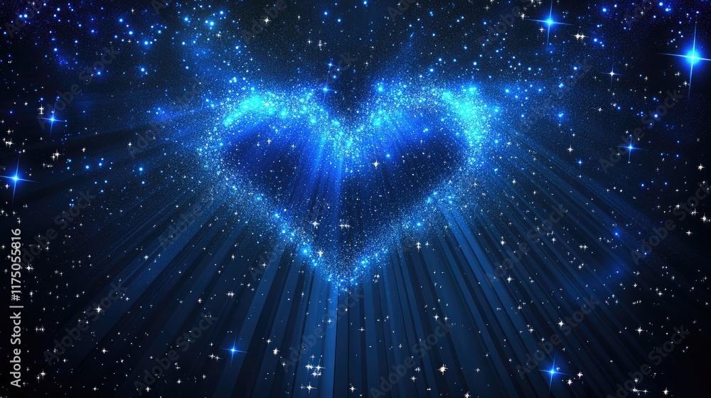 Poster cosmic heart shape with blue rays and sparkling stars creating a mesmerizing abstract background in 