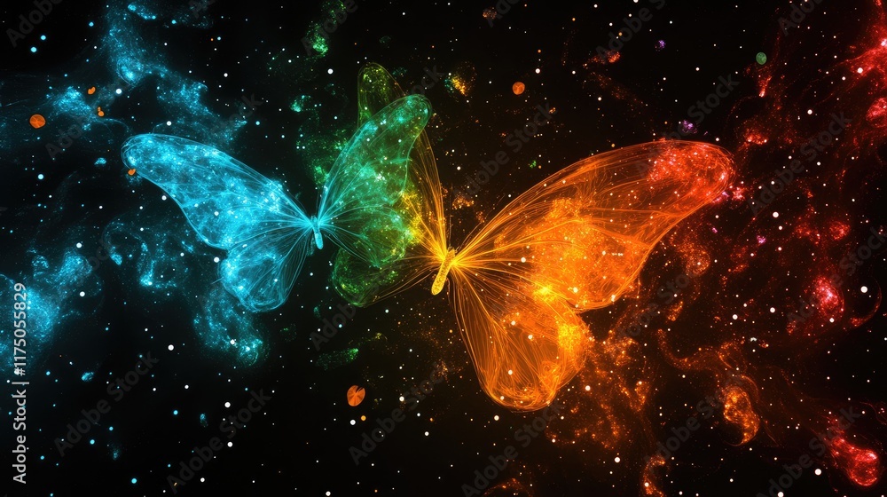 Poster cosmic butterflies in vibrant colors blending with a starry black background for a mesmerizing abstr