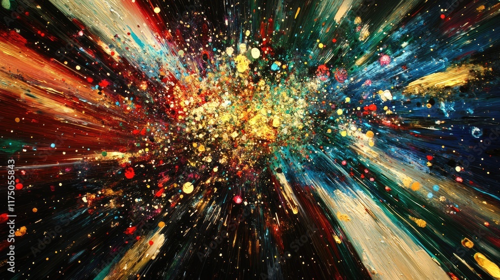 Poster vibrant abstract cosmic background with dynamic color splashes and energetic stellar patterns in dee