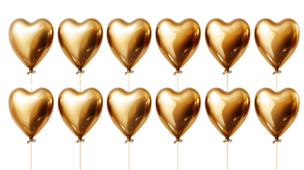 Twelve Golden Heart Balloons on Black Background Romantic Luxury Celebration Party Decoration, studio view, isolated on transparent background.