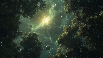 Fototapeta premium Enigmatic cosmic forest with radiant stars highlighting distant planets 