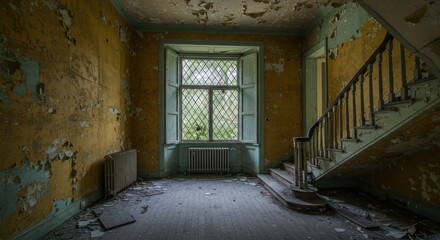 Obraz premium abandoned mansion interior, grand staircase, peeling yellow wallpaper, ornate window, decaying architecture, urban exploration, moody atmosphere, rays of light, debris on floor, eerie emptiness, faded