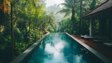 Luxurious Modern Home with Sleek Pool Surrounded by Tropical Landscape