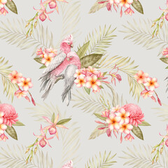 Cockatoos, tropical plants, palm leaves, orchids and plumeria watercolor seamless pattern.