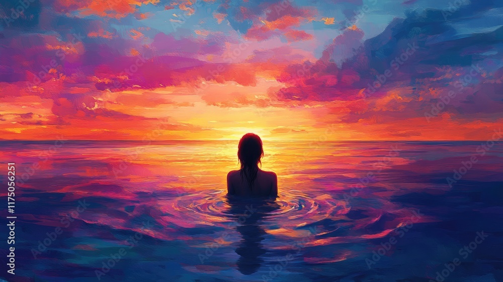 Poster vibrant sunset over the ocean with colorful reflections and silhouette of a woman immersed in serene