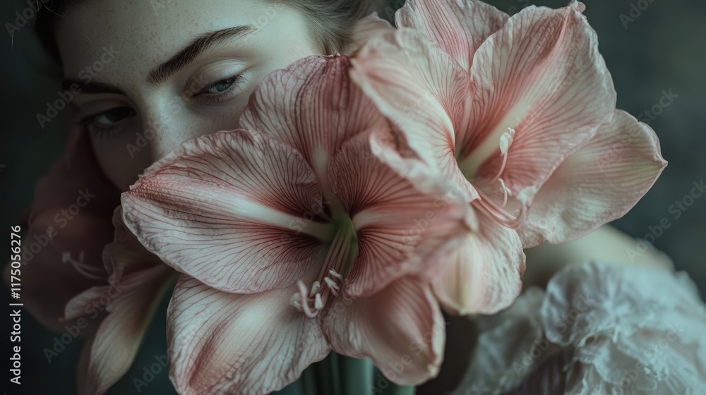 Poster elegantly arranged amaryllis flowers in soft pink shades with a serene model partially hidden behind