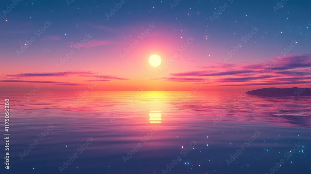 Poster serene twilight beach sunset with vibrant colors reflecting on calm waters and a distant horizon cre