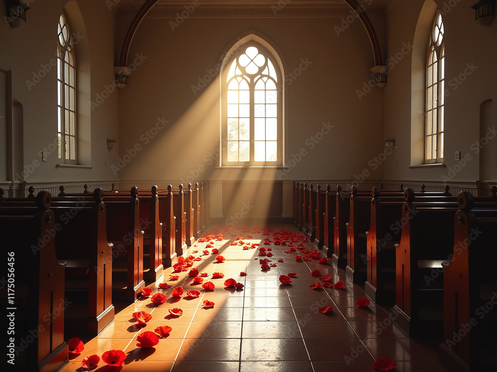 Poster an empty synagogue illuminated by soft sunlight, with poppies scattered on the floor, symbolic of re