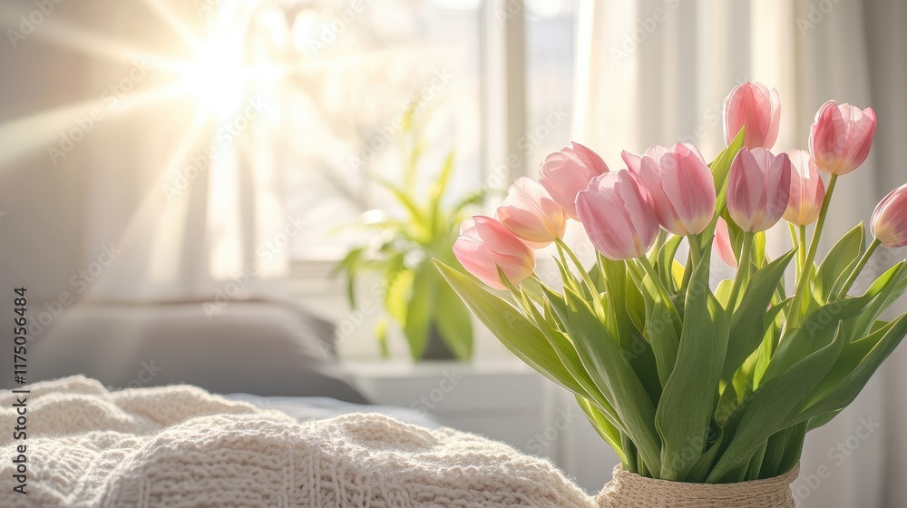 Poster bright and cheerful tulip bouquet by the bedside in a sunlit bedroom creating a warm and inviting at