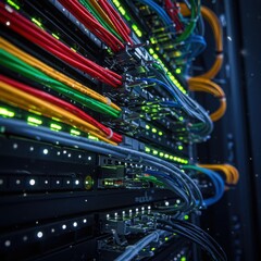 Fiber optic cables, glowing network connections, colorful light trails, cyberpunk aesthetic, high-tech infrastructure, data transmission, neon illumination, futuristic technology, close-up detail, vib