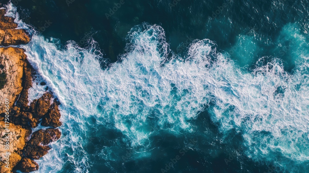 Poster aerial view of crashing waves on rocky shore with clear space for text or graphic overlay in coastal