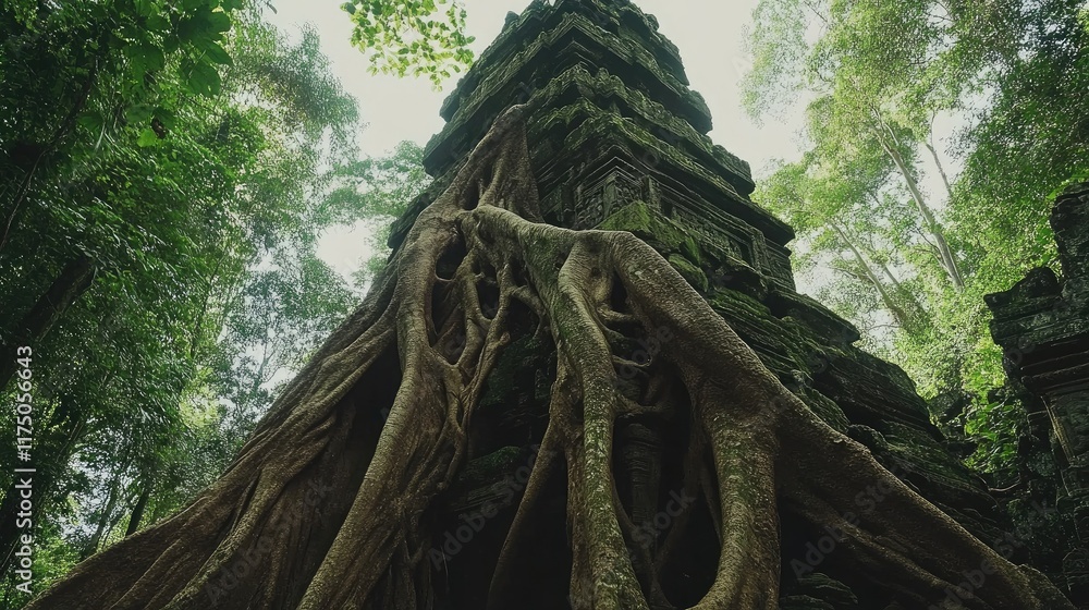 Aufkleber Majestic tree roots intertwining with ancient temple tower in a dense jungle environment lush with greenery and serenity